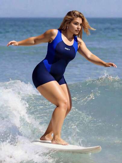 Swim SPRTY Traje de baño de una pieza con logo gráfico para mujer de talla grande, adecuado para la playa, el surf, el buceo y los deportes