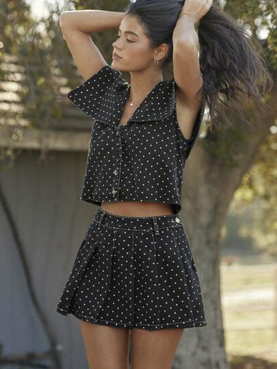 WESTFADE Polka Dot Print Pleated Cotton Blend Denim Mini Skirt