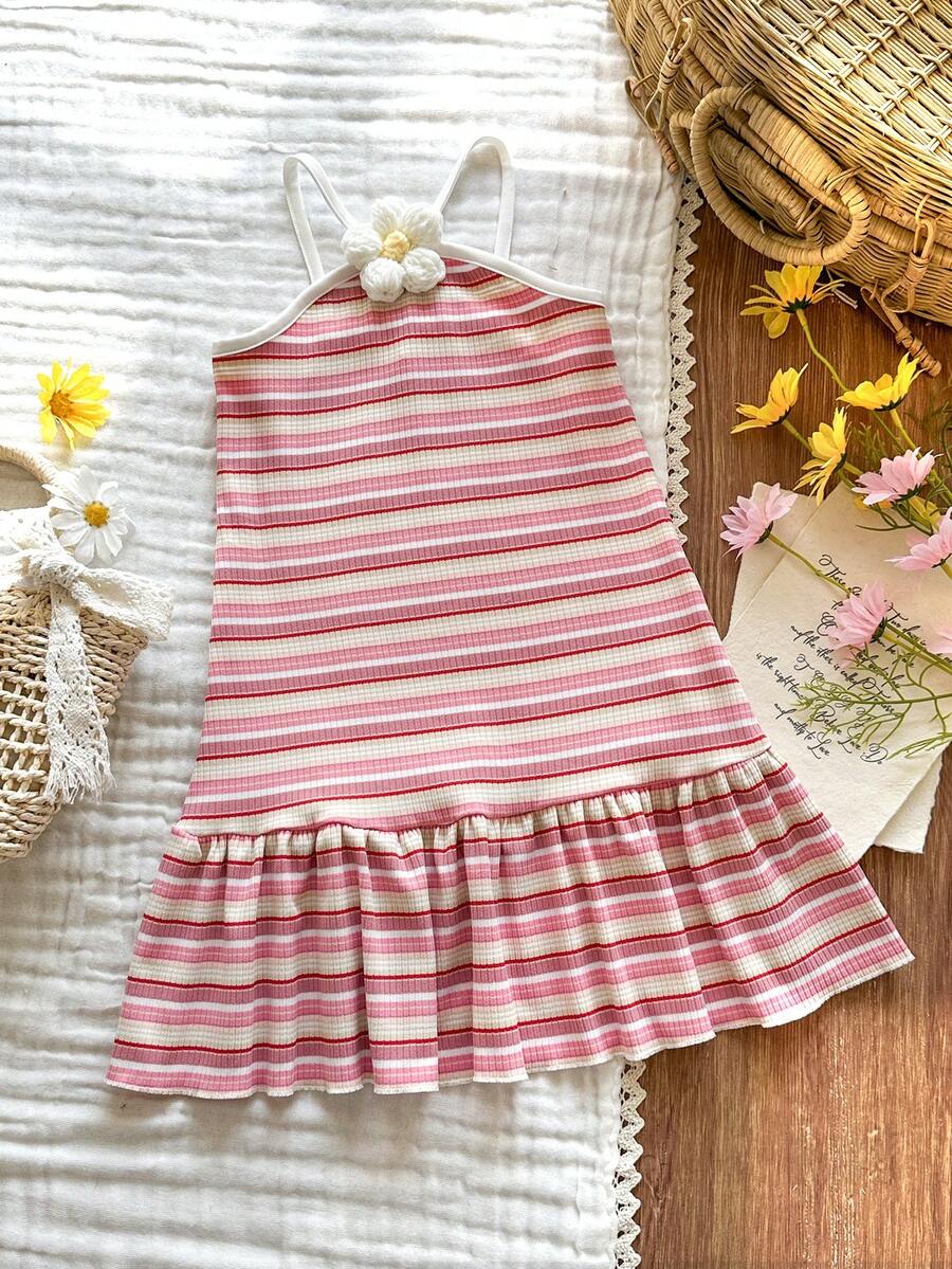 SHEIN Vintaside Kids Đầm hai dây hở lưng kẻ sọc cầu vồng thời trang ngọt ngào cho bé gái, trang phục dễ thương cho kỳ nghỉ hè. - Nhiều màu - Xem 1