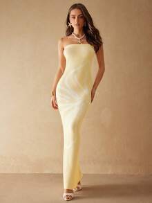 Silquee Đầm maxi dệt kim ôm eo kiểu dáng mới, gợi cảm và thanh lịch, đa năng. - Màu vàng - Xem 3