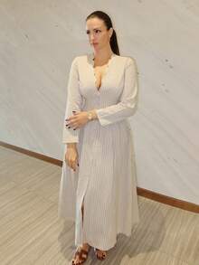 MDEdit Cotton Linen Women Long Sleeve Dress, Casual Vacation Dress, V-Neck A-Line Long Dress, Women Casual Outfit, Women Beach Wear, Women Dignified Dress, Women Autumn Dress,Fall Dresses For Women,Elegant Dresses For Women - Apricot - View 5