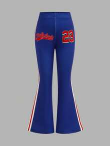 SHEIN 2pcs/Set Young Girl Casual Cute Jersey Letter Print Blue & White Top Tee And Flared Pants Outfit - Blue and White - View 6