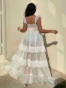 Sunnyshic Plus Size White Sheer Chiffon Beach Vacation Lightweight Long Dress With Flutter Sleeves, Summer Long Vacation Dress Tiered Dress Long Dress Summer Organza Dress Transparent Dress - White - View 2