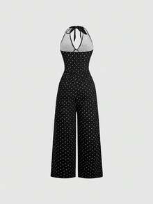 SHEIN Sweetro Women's Polka Dot V-Neck Sleeveless Long Jumpsuit, Spring/Summer - Black - View 2