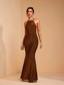 JIAN LASALA Đầm maxi ôm sát cơ thể dành cho nữ, lấp lánh, cổ yếm, buộc dây sau lưng, kiểu dáng thanh lịch, thích hợp cho tiệc tùng. - màu nâu - Xem 4