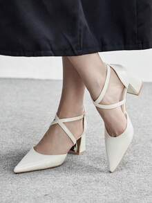CUCCOO BIZCHIC 女鞋 女士尖头粗跟中跟米色交叉绑带镂空女式高跟鞋 时尚舒适通勤商务百搭女式镂空鞋 - 米色PU - 查看 3