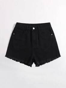 女士黑色口袋毛边休闲百搭牛仔短裤 - 黑色 - 查看 3