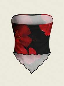 Slaydiva 女士休闲度假修身抹胸上衣，碎花印花，适合夏季、度假、海滩、夏季假期、春季穿着，适合女士沙滩装、休闲装、黑色上衣、红色上衣、春季碎花上衣 - 彩色 - 查看 3