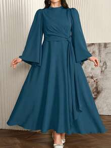 Modelyn Plus Size Women Elegant Long Dress With Collar And Flowy Scarf, Deep Red - Blue - View 6