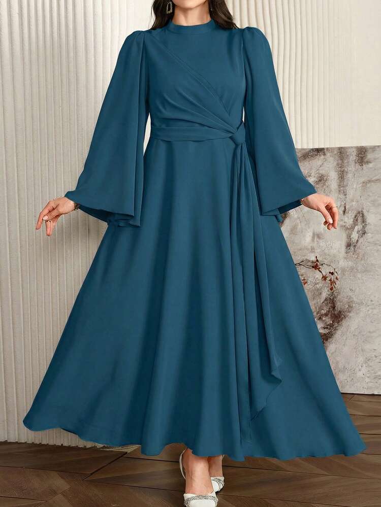 Modelyn Đầm dài thanh lịch dành cho nữ cỡ lớn, có cổ và khăn choàng, màu đỏ đậm. - Màu xanh lam - Xem 6