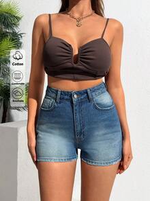 EURMUSE Women's High-Rise Casual Washed Raw Hem Denim Shorts With Pockets - Blue - View 4