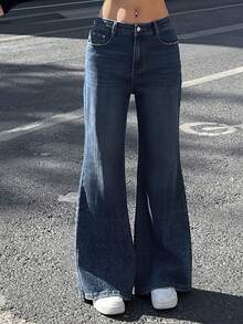 DAZY Women's Regular Waist Bell-Bottom Printed Vacation Style Jeans