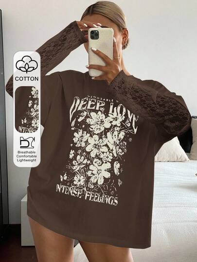 DAZY Women's Contrast Lace Letter Print Loose Casual Summer Top T-Shirt Long Sleeve Y2k