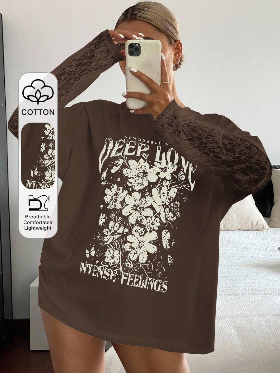 DAZY 女士撞色蕾丝字母印花宽松休闲夏季上衣T恤长袖Y2K图案T恤 - 棕色 - 查看 1