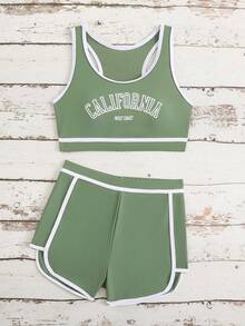 SHEIN 2件套少女彩色拼接印花弹力速干舒适针织面料连体泳衣，适合海滩、泳池、冲浪、度假、夏季旅行 - 軍綠色 - 查看 6