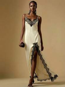 Briarwyn Women's Cold-Shoulder Spaghetti Strap Black Lace Patchwork High Slit Hem Dress - Ivory White - View 3