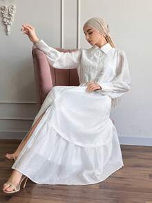 DAZY Robe chemise blanche à empiècement en dentelle, style mode décontractée et bureau, pour le printemps et l'été. Robe longue et ample, robe d'été pour femmes - Blanc - Voir 11