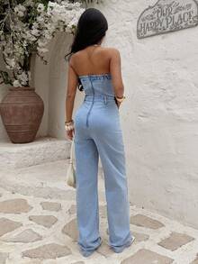 Sunnyshic Bộ áo liền quần denim nữ kiểu dáng thường ngày, có túi, thích hợp cho kỳ nghỉ. - Rửa nhẹ - Xem 2