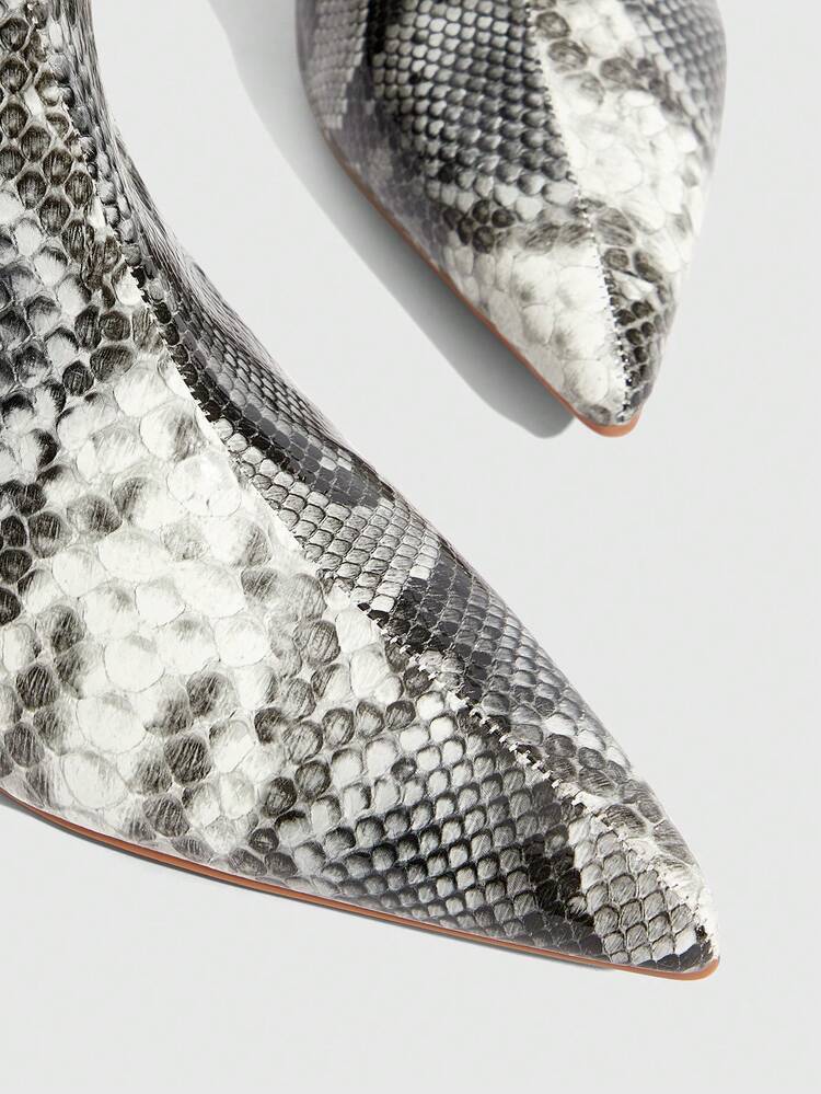 CUCCOO SZL 女性ファッション スネークスキンパターン ミニマリスト エレガント 多用途 サイドジップ ニーハイ ストレートヒールブーツ クリスマス向け