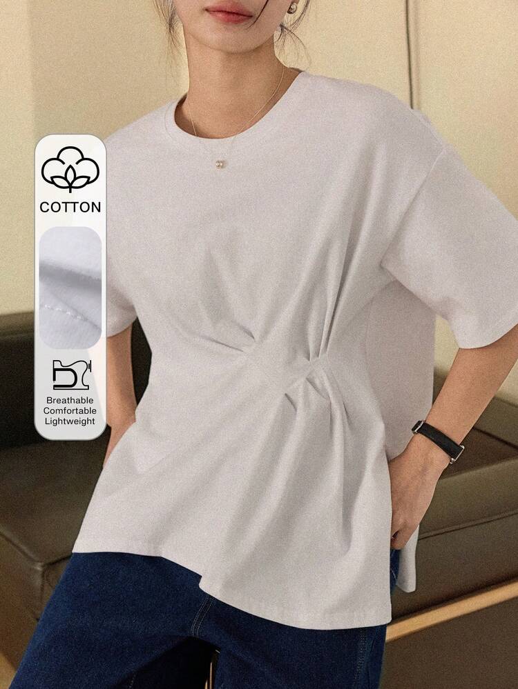 Women's Loose Casual Solid Color Short Sleeve T-Shirt, Versatile For Winter And Summer Business Casual Woman