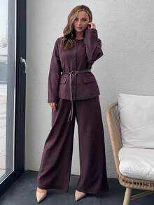 Jeta Ari Setelan Jaket Polos Kasual Wanita dan Celana Panjang Lebar, Pakaian Bisnis Musim Gugur - Coffee Brown - View 4