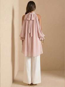 SHEIN BAE Áo cánh dài tay hở lưng thanh lịch, áo sơ mi voan bất đối xứng buộc eo, thích hợp cho tiệc tùng, đám cưới, khách, mùa xuân, mùa hè, mùa thu - Bụi hồng - Xem 2