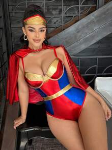 3 piezas Traje de superhéroe con revestimiento metálico reflectante con aros, conjunto de lencería de club ajustante con parches para fiesta - Multicolor - Ver 2