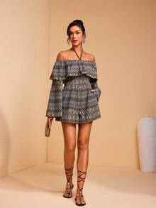 JIAN LASALA All-Over Print Woven Off-Shoulder Ruffled Neckline Flared Sleeves Halter Loose Romper Jumpsuits - Multicolor - View 6