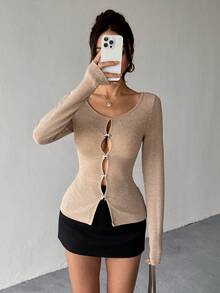 Almamuse 女士性感镂空蝴蝶结金属纽扣长袖T恤，闪亮开衩设计，适合秋冬季穿着 - 杏色 - 查看 6