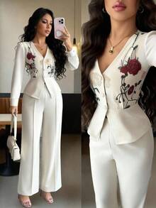 Elenzga Conjunto de 2 piezas elegante bordado para mujer, otoño/invierno - Albaricoque - Ver 1