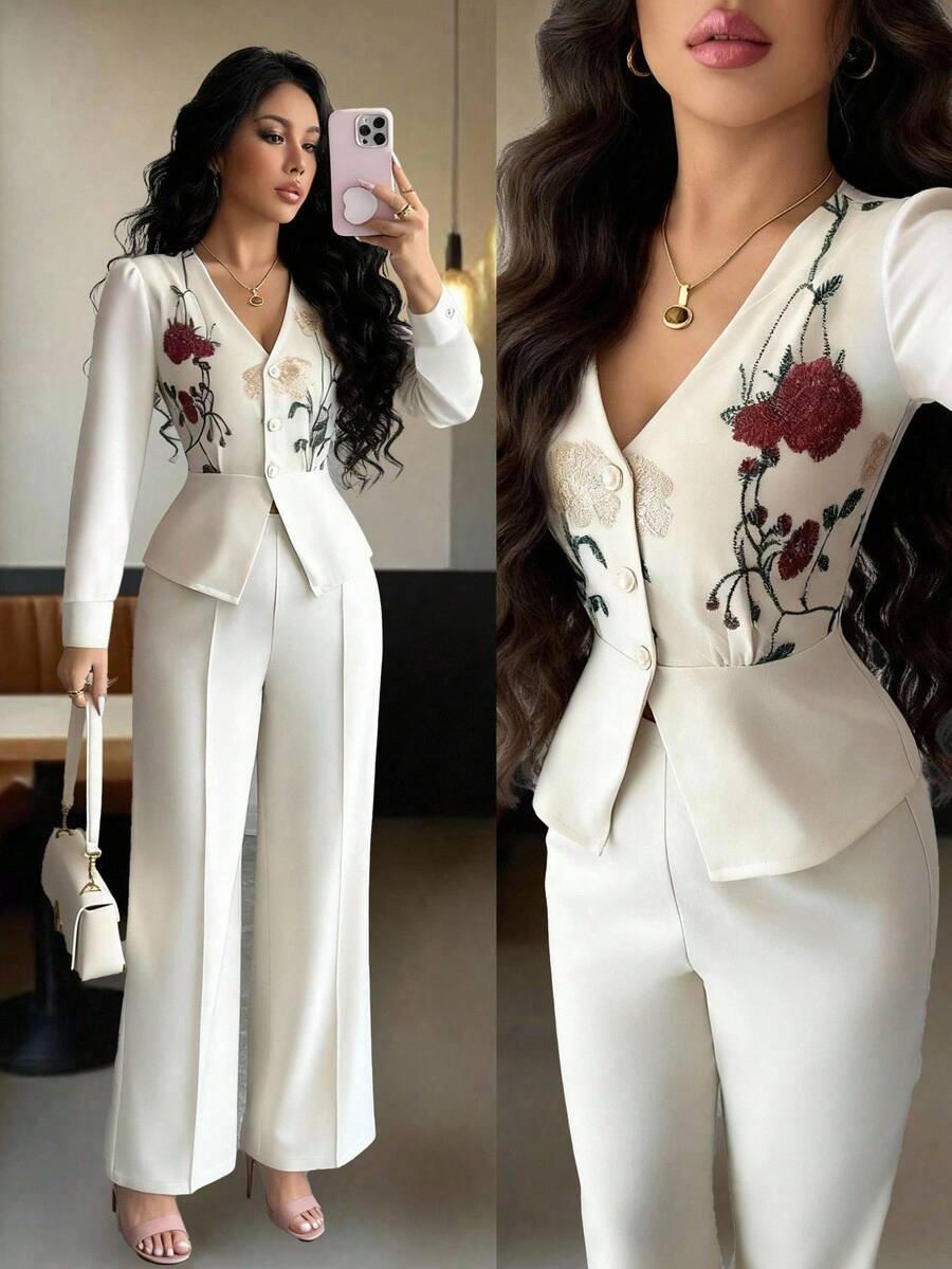 Elenzga Conjunto de 2 piezas elegante bordado para mujer, otoño/invierno - Albaricoque - Ver 1