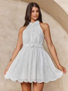 Enchnt Sleeveless Cinched Waist Waist Bodycon Mini Dress For Women - White - View 4