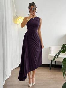 Modelyn 女士纯色不对称下摆无袖优雅中长连衣裙，肩部饰有褶裥设计 - 紫色 - 查看 7