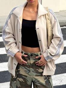 Muchica 杏色撞色针织绒面革女士轻薄长袖外套 - 杏色 - 查看 6