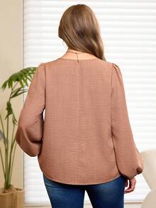 Rosumi Plus Size Casual Dusty Rose Blouse,Autumn Elegant Everyday Solid Color Shirt With Drawstring Lantern Sleeve,Commuter Light Brown Tie Front Top - Camel - View 5