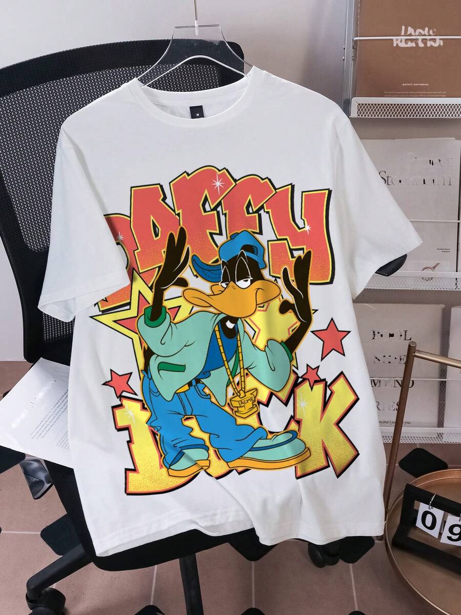 LOONEY TUNES X SHEIN 男士休闲日常通勤趣味卡通字母星星印花短袖T恤，夏季 - 白色 - 查看 1