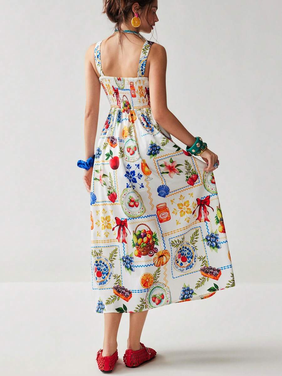 Soleia 女士休闲水果印花无袖中长连衣裙，适合度假穿着 - 彩色 - 查看 1