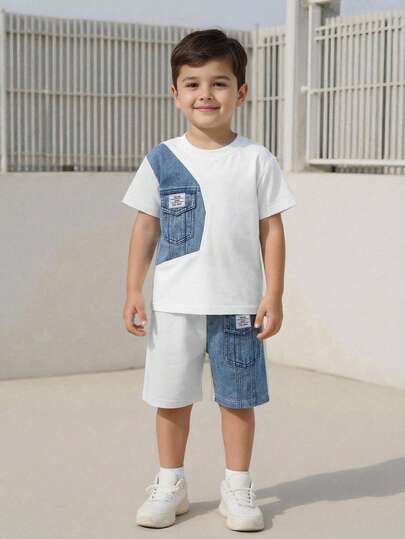 SHEIN Vacaura 2 طقم قميص بولو وشورت مع طباعة بنقوش متقطعة بأسلوب بسيط للأولاد الصغار ،بطراز كوليدج رجعي، مناسب للبسه اليومي في الربيع والصيف