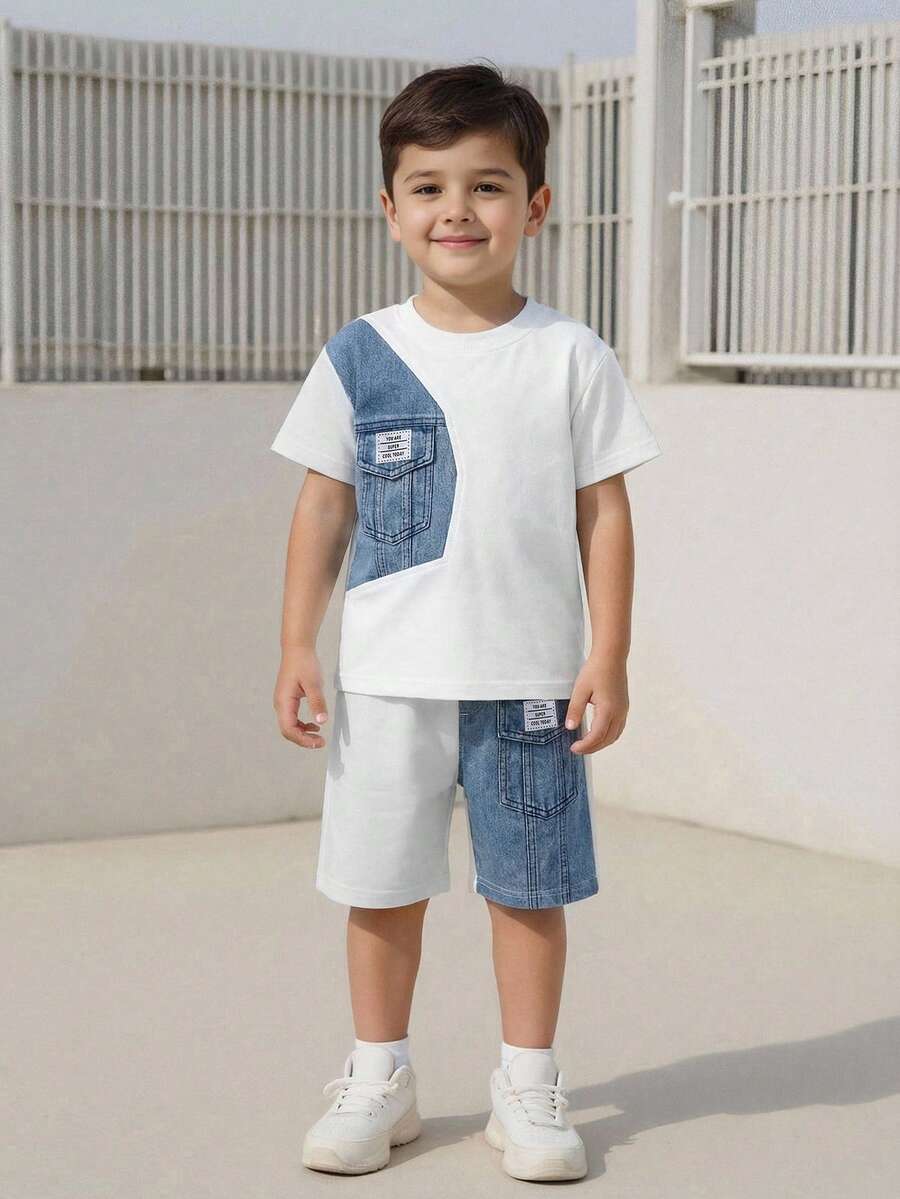 SHEIN 2 件套年轻男孩休闲简约格纹印花 Polo 衫和短裤套装,复古学院风,适合春夏日常穿着 - 白色 - 查看 1