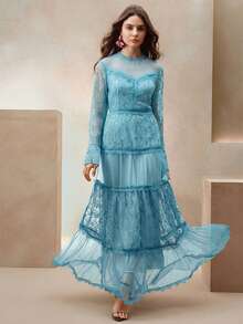 Anewsta Vestido de estilo princesa con detalles de diseño, de malla transparente con encaje de contraste, calado y bordado en la cintura acampanada - Azul - Ver 5