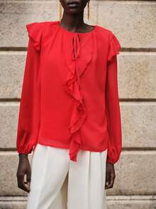 Lumivelle Women's Fashion Ruffle Front Shirt, Valentine's Day Series Red Blouses Ruffle Blouse Long Sleeve Blouse - Red - View 8