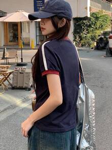 DAZY 女士撞色字母装饰修身休闲街头风运动短袖T恤 - 藏蓝色 - 查看 5
