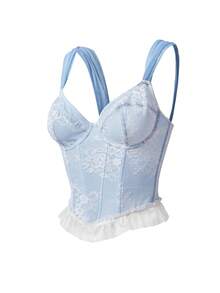 SuitURBody Light Blue Lace Embroidered Ruffle Trim Bralette, Vintage Sheer Wide Strap Corset Style Crop Top - Baby Blue - View 4
