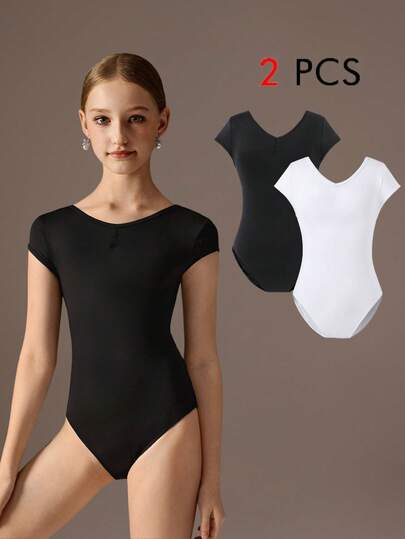 SHEIN Tween Girls Activewear Short-Sleeve Bodysuit Two Pieces Set, Ballet Practice Wear, Sportswear, High-Elasticity, Breathable And Skin-Friendly For Everyday Wear. Available In Black And White.