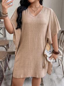 EMERY ROSE Vestido casual de mujer talla grande con dobladillo con volantes de unicolor, adecuado para citas, vacaciones y salidas - Marrón Mocha - Ver 4