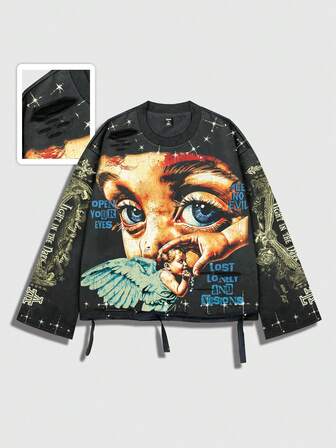 Street Life Maglietta vintage da uomo a girocollo con maniche lunghe e grafica Saint in stile urban consumato