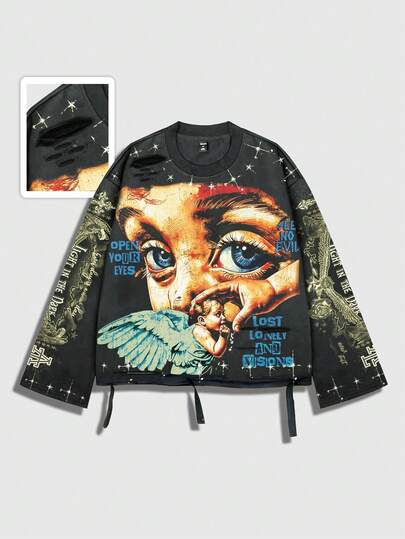 Street Life Vintage Streetstyle verwaschenes Saint Grafik Langarm Rundhals Herren T-Shirt