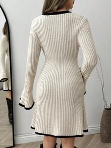 EURMUSE Beige Contrast Black Trim Rib Knit Flared Sleeve Sweater Dress With Button Front And Fit And Flare Silhouette For Women - Beige - View 2