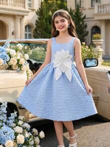 SHEIN Đầm dệt hoa jacquard thanh lịch dành cho bé gái tuổi teen, không tay, đính hoa 3D lấp lánh, thích hợp mặc hàng ngày, dự tiệc, các buổi gặp mặt và các dịp trang trọng. - Màu xanh lam - Xem 8