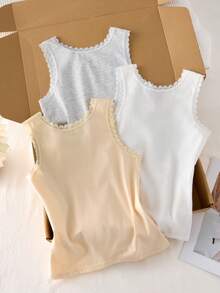 SHEIN Vintaside Kids 3件套少女优雅甜美纯白色蕾丝吊带背心，柔软棉质 - 彩色 - 查看 2